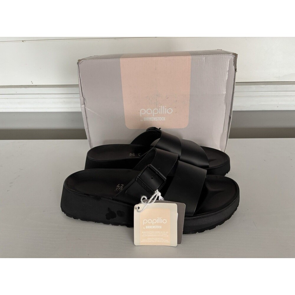 BIRKENSTOCK Almina Papillio Platform Sandals Black Leather EU 42 US 11, Narrow F